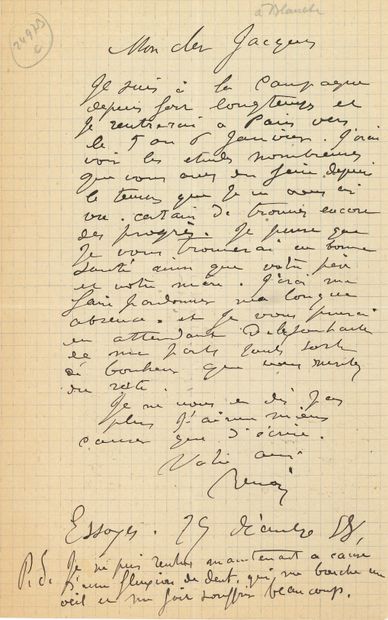 RENOIR AUGUSTE (1841-1919). L.A.S. "Renoir", Essoyes 1888年12月29日，致Jacques-Émile BLANCHE；1页in-8。
致年轻画家Jacques-Émile...