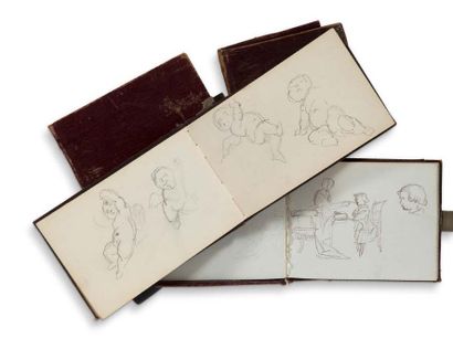 BARRE Auguste et Albert (1811-1896 et 1818-1878). 9本画册；9本长方形12开本(8 x 12至8,5 x 14,5厘米)，纸板、布或摩洛哥封面，书中的内容不均匀，主要是石墨。
巴尔王朝的档案，巴黎造币厂和法国最后一位具有私人身份的一般独立雕刻师)
两兄弟的素描本和图画，他们是雕塑家、绘图员、雕刻家和奖章获得者。奥古斯特的3本笔记本。-...