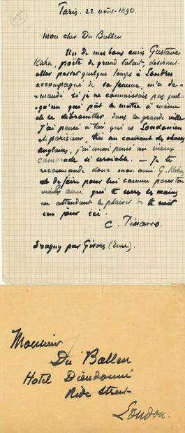 PISSARRO Camille (1830-1903). L.A.S. "C. Pissarro", Paris 22 August 1890, to his...