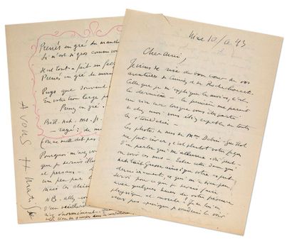 MATISSE HENRI (1869-1954). L.A.S. "H.马蒂斯"，尼斯，1943年6月10日，[致亨利-德-蒙特朗]；4页内页，最后一页有粉色铅笔装饰框。
非常漂亮和有趣的信，部分是关于Pasiphaé的准备。蒙瑟兰特的《米诺斯之歌》，配以马蒂斯的版画（法比亚尼，1944）。
他对蒙瑟兰特在西米埃兹和罗什夸特的冒险经历发出了由衷的笑声："当你离开我的房子时，你能够做出各种愚蠢的事情"。然后谈到摄影师Laure...