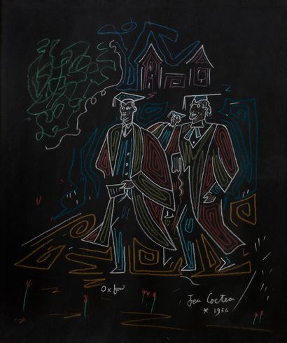 COCTEAU JEAN (1889-1963). 牛津，1956年。
黑纸上的粉彩和彩色粉笔画，签名，右下角有标题和日期："牛津。Jean Cocteau ?...