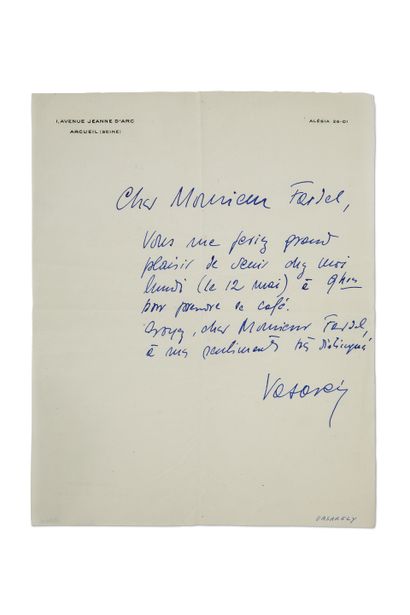 VASARELY Victor (1906-1997). L.A.S. «Vasarely», Arcueil s. d., au collectionneur...