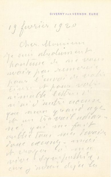 MONET CLAUDE (1840-1926). L.A.S. "克劳德-莫奈"，吉维尼，1920年2月19日，[致埃马纽埃尔-布尔歇]；2 1/2页，8开本，用铅笔写给他。
在创作《睡莲》时。
他很惭愧没有早点感谢他寄来的书："我没有别的借口，因为我年事已高，工作辛苦，使我忘记了所有的职责[......]请相信我的深切同情，因为我已经看过你的书《Gens...