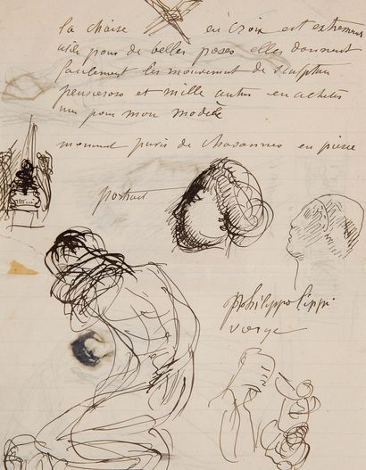 RODIN Auguste (1840-1917). NOTES autographes et DESSINS à la plume et encre noire,...