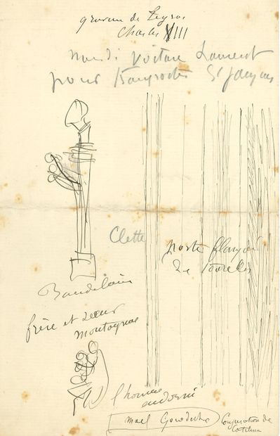 RODIN Auguste (1840-1917). NOTES et CROQUIS autographes; sur 2 pages d'un bifeuillet...