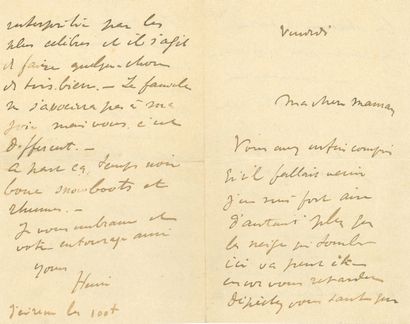 TOULOUSE-LAUTREC HENRI DE (1864-1901). L.A.S. "你的亨利"，星期五[1892年12月]，给她的母亲，阿黛尔-德-图卢兹-劳特克伯爵夫人；4页，8页。
关于他与歌手伊维特-吉尔伯特的会面，以及他为她制作海报的计划。"我亲爱的母亲，你终于明白，你必须来。我对此非常高兴，尤其是这里正在下的雪也许会再次耽误你。只要铁路不中断，你就必须抓紧时间。我浑身涂满了碘酒和棉絮，染上了第一次感冒。但这不算什么，我可以睁开眼睛了，昨天我还做不到。我看到我的姨妈[Cécile...