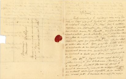 DELACROIX Eugène (1798-1863). L.A.S. "尤格。Delacroix"，1833年3月18日，致Félix DEHÈQUE；3页，4页，地址（因封条破损而有小的撕裂）。
他向国民警卫队第十军团的普查委员会秘书表达了自己的不满。在提交了必要的证明后，他...
