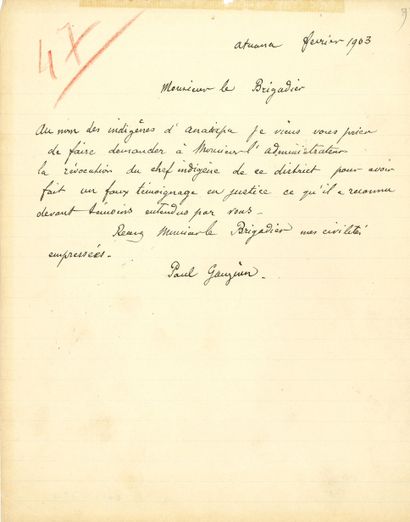 GAUGUIN PAUL (1848-1903). L.A.S «Paul Gauguin», Atuana février 1903, au brigadier...