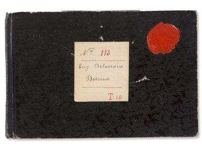 DELACROIX Eugène (1798-1863). CARNET与草图和亲笔笔记，1857-1858年；长方形笔记本12开（10.2 x 16厘米），48页。(其中20个是空白的)，黑色basane书脊，黑色纸质板上压印着叶子，下层板的上翻页上有basane铅笔架；上层板上有手写的标签。(第113号/Eug....