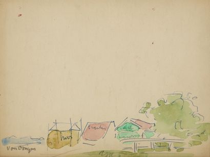 VAN DONGEN Kees (1877-1968). Maisons au bord de la mer. Plume et aquarelle avec annotations...