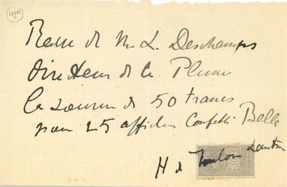 TOULOUSE-LAUTREC HENRI DE (1864-1901). P.A.S. «H. de Toulouse Lautrec», [Paris février...