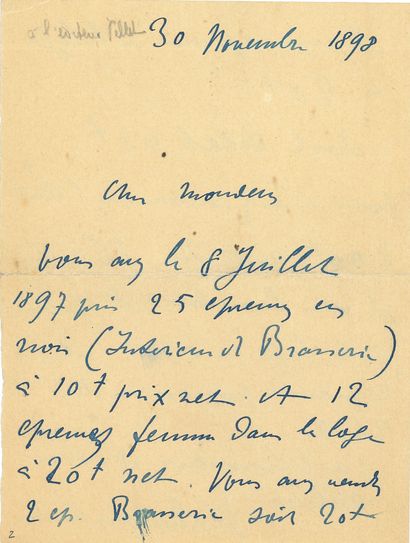 TOULOUSE-LAUTREC HENRI DE (1864-1901). L.A.S. «H. de Toulouse Lautrec», 30 novembre...