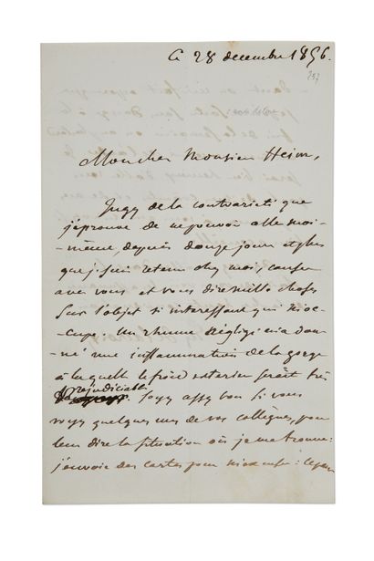 DELACROIX Eugène (1798-1863). L.A.S. "尤格。Delacroix"，1856年12月28日，致François HEIM；1页半，8页。
关于他在研究所的候选资格（他将于1月10日当选）。
他对不能去见海姆谈论...