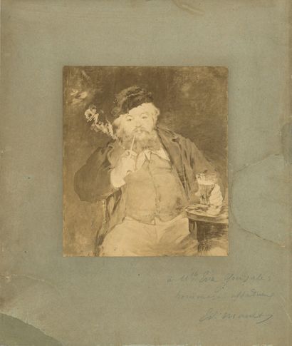 MANET ÉDOUARD (1832-1883). P.A.S. "Ed. Manet "在他的画作《Le Bon Bock》的复制品底部；在一张照片（18.3...