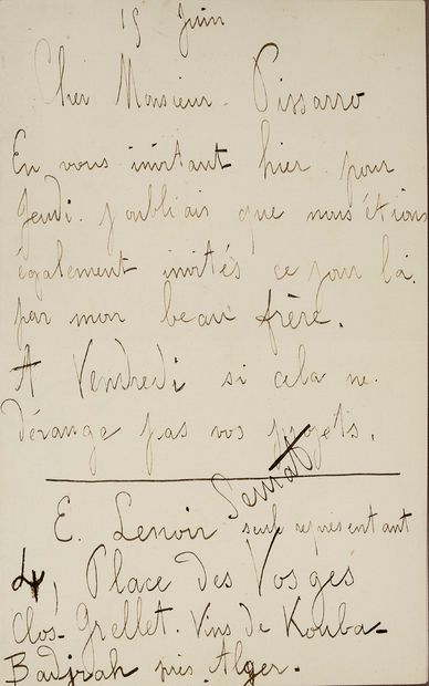 SEURAT GEORGES (1859-1891). L.A.S. «Seurat», 15 juin, à Camille PISSARRO; 1 page...