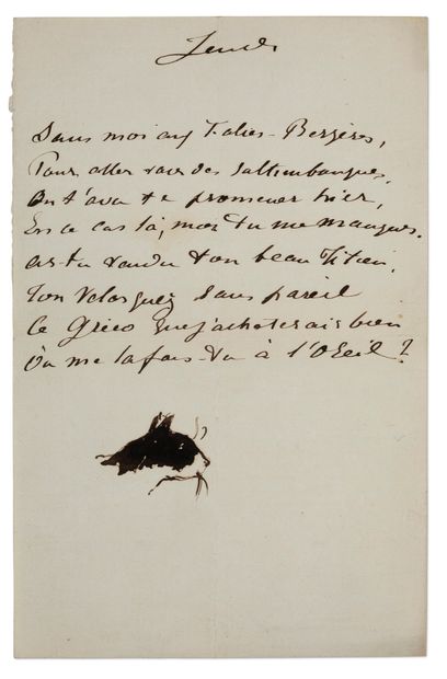 MANET ÉDOUARD (1832-1883). Lettre-poème autographe avec DESSIN original, Jeudi, [probablement...