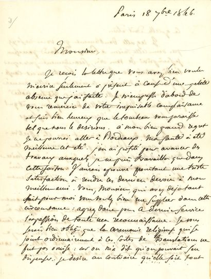 DELACROIX Eugène (1798-1863). L.A.S. «Eug. Delacroix», Paris 18 septembre 1846, [à...