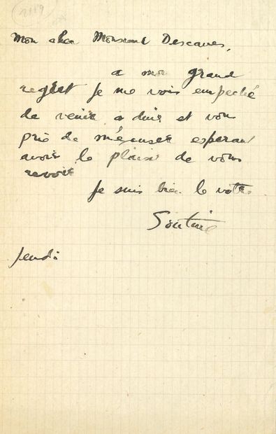 SOUTINE Chaïm (1893-1943). L.A.S. "Soutine", Thursday [ca. 1920?], to Eugène DESCAVES;...