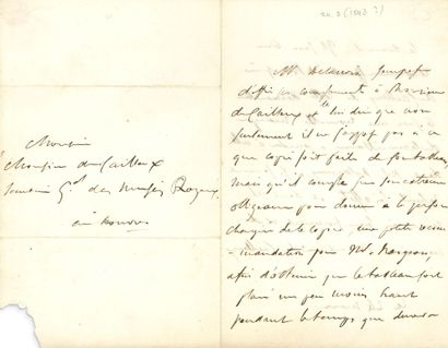 DELACROIX Eugène (1798-1863). L.A.S.（在顶部以第三人称签名），[1843?]年3月24日，致卢浮宫的皇家博物馆秘书长阿尔方斯-德-凯勒克斯；2页，8开，地址。"德拉克洛瓦先生赶紧向凯勒先生致意，并告诉他，他不仅不反对对他的画进行复制，而且还指望他能给负责复制的人一个小小的推荐，让奈杰尔先生在工作期间把画放得低一点。为此，他将非常感谢凯尔勒先生。这将是在德拉克洛瓦先生经常感受到的影响之外，又增加了一个新的仁爱标志。
附上L.A.S.的...