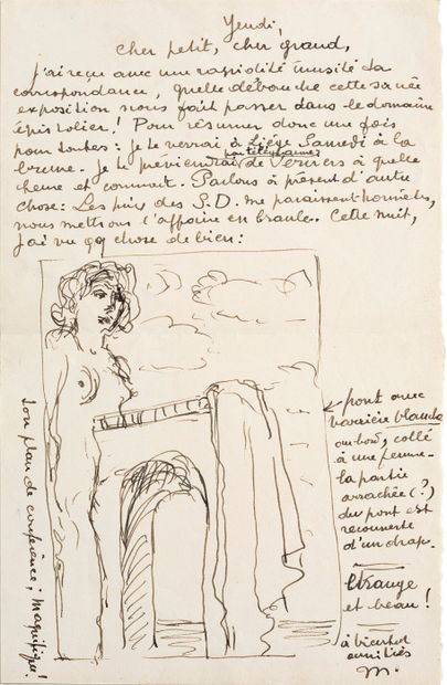 MAGRITTE RENÉ (1898-1967). L.A.S. "M." with DRAWING, Thursday, to Jacques WERGIFOSSE;...