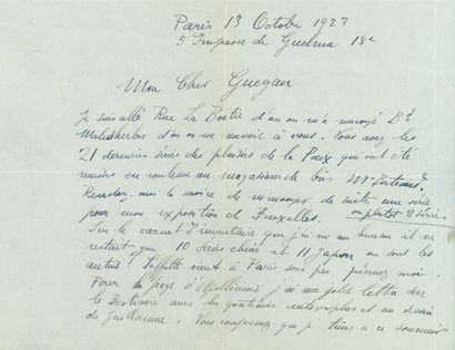 DUFY RAOUL (1877-1953). L.A.S. "Raoul Dufy"，巴黎 "5 Impasse de Guelma"，1923年10月13日，致Bertrand...
