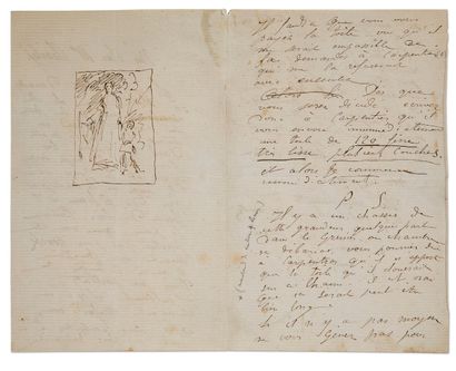 RENOIR AUGUSTE (1841-1919). L.A.S. "A.雷诺阿 "与绘画，[1868年夏天？]，致查尔斯-勒库尔；3.5页，8开本（中间折叠处有小裂缝，有轻微污点）。
异常的信，其中有笔墨画的绘画项目。[雷诺阿正是通过他的密友画家朱尔斯-勒柯尔认识了他的兄弟建筑师查尔斯-勒柯尔（1830-1906），后者是雷诺阿最早也是最重要的赞助人之一。1868年，Le...