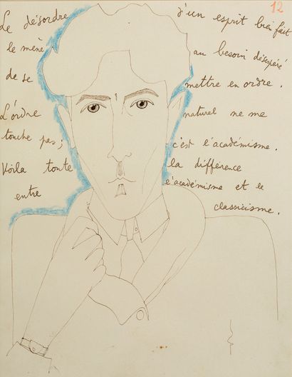 COCTEAU JEAN (1889-1963). 偷猎者约翰之谜》。第12号自画像。[1924].
原有的印度水墨画，有蓝色的克拉顿亮点，用红色铅笔编号，有MANUSCRIT的亲笔签名。25.7...