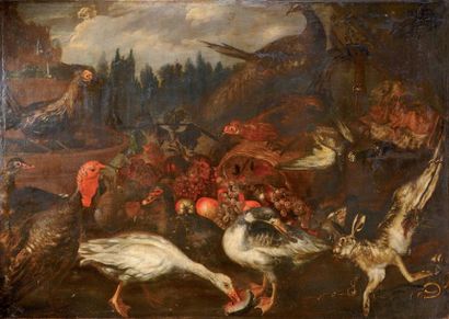 Ecole génoise vers 1640 entourage de VASSALO Nature Morte de fruits aux oiseaux et...