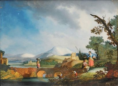 Ecole française du XVIIIème Paysannes dans un paysage Peinture sur verre 27,5 x 37...