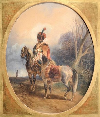 Joseph Marie FOUSSEREAU (né en 1809) Le hussard Aquarelle 63 x 54 cm Signé et daté...