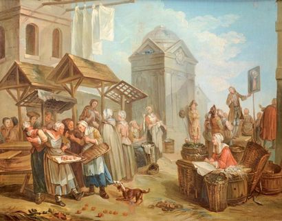 Suiveur d'Etienne JEURAT Scène de marché Huile sur toile 65 x 83 cm