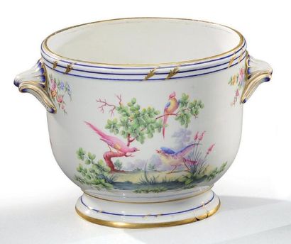 SEVRES Cache pot en porcelaine à décor peint de volatiles XVIIIème siècle H: 26 ...