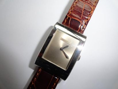 BOUCHERON "Contemporain" Montre bracelet an acier, cadran argent de forme rectangulaire,...
