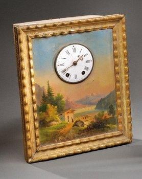 null Tableau horloge Huile sur plaque de métal représentant un paysage de montagne...