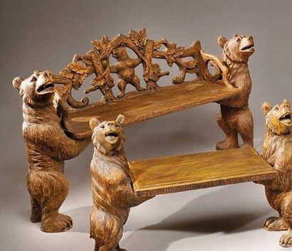 null Banc en bois sculpté décor d'ours 85 x 150 x 42 cm