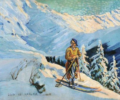 De PERELMA Ossip (XIXe-xxe) "Le skieur". Huile sur toile. Signé en bas à gauche....