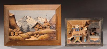 null Deux bois sculptés et peints: Intérieur de chalet 12 x 17 cm Eglise de montagne...