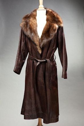 LANVIN Vintage Long manteau en cuir marron/bordeaux, col en fourrure T 38