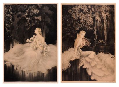 LOUIS ICART (1888-1950) "Les Orchidées et Dame aux Lys" Paire de lithographies couleur...
