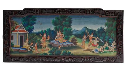 SIAM VERS 1900 Quatre peintures représentant des scènes du Ramayana, avec divinités...
