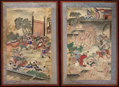 Chine XIXe siècle Deux peintures à l'encre et couleur sur papier, représentant des...
