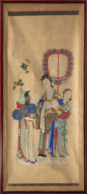 Chine XIXe siècle Deux peintures sur soie représentant trois jeunes femmes dont l'une...