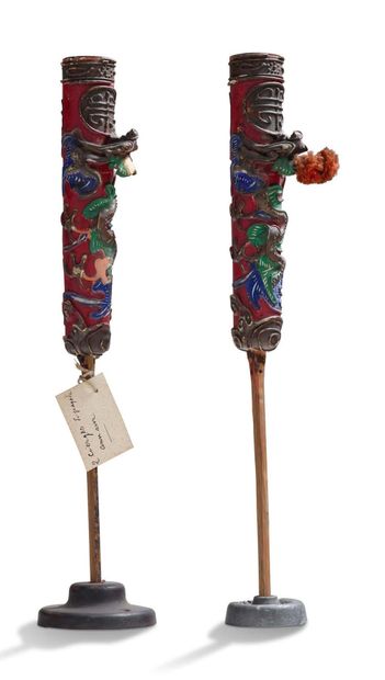 Vietnam vers 1900 Two wooden pagoda candles, painted in polychrome, decorated with...