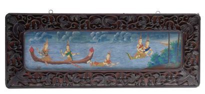 SIAM VERS 1900 Quatre peintures représentant des scènes du Ramayana, avec divinités...