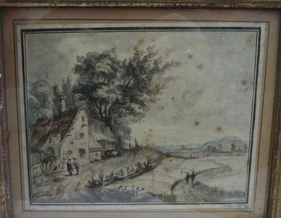 Ecole française, fin XVIIIe siècle Ferme sans la campagne Plume, encre noire et aquarelle:...