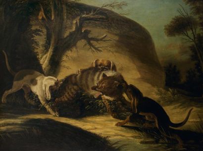 Jacques-Charles OUDRY (1720-1778) Une hyène attaquée par des chiens Toile 142 x 190...