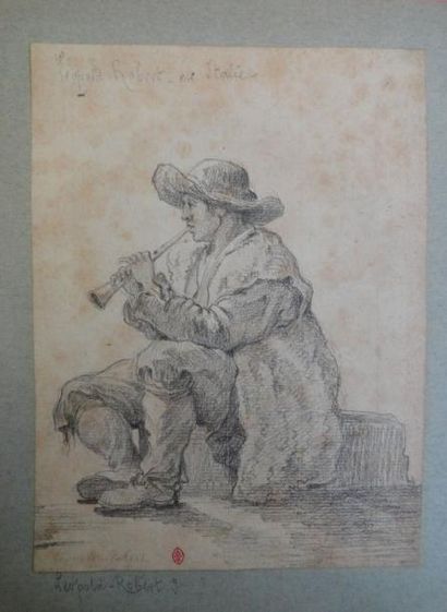 Léopold ROBERT (1794-1835) Jeune berger jouant de la flûte Crayon, traces de signature...