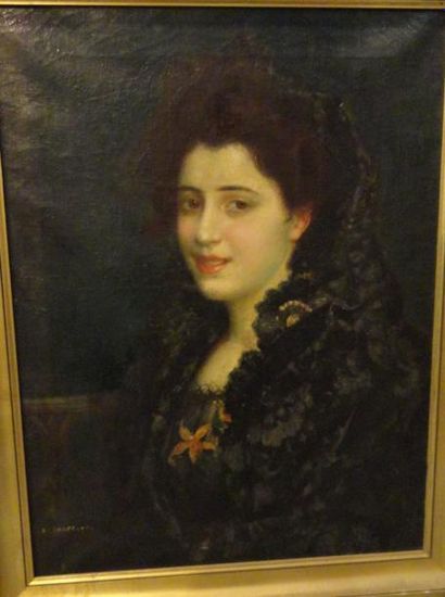Eugène CHAFFANEL (né en 1860) Portrait de femme à la mantille noire Huile sur toile,...