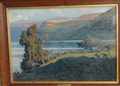 Pierre GUSMAN (né en 1862) Le lac de Nemi Pastel, signé en bas à droite 31.5 x 45...