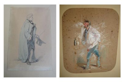 Henry MONNIER (1799-1877) L ivrogne Personnage Deux aquarelles et crayon, l'une signée...